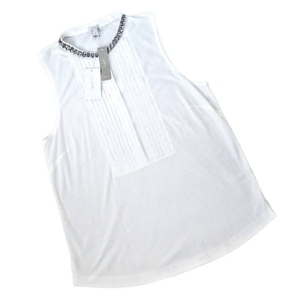 New J. Crew Size Small White Jeweled Tank Top S Pleated Blouse - Picture 1 of 5